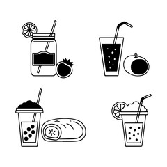 Four pairs of drinks and fruitpastries in simple monochrome line drawings