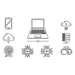 Line art of tech phone laptop cloud AI chips server VR headset AI router