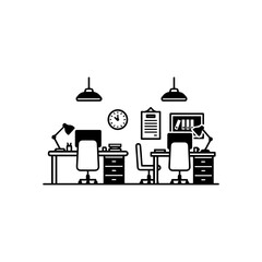 Two office workstations with desks chairs lamps computers and organizational items