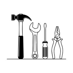 Illustration of a hammer wrench screwdriver  pliers aligned set on a line