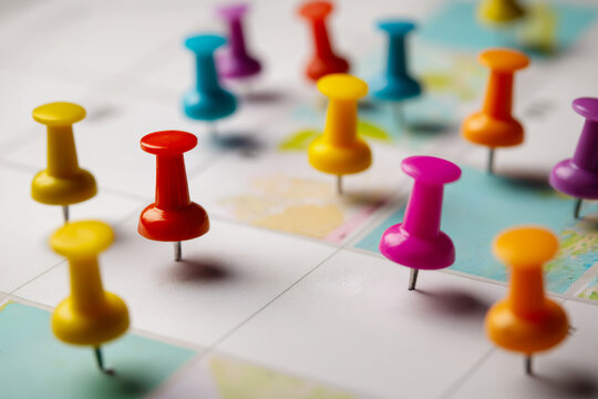 Colorful pins on calendar mark various events, creating vibrant and organized schedule