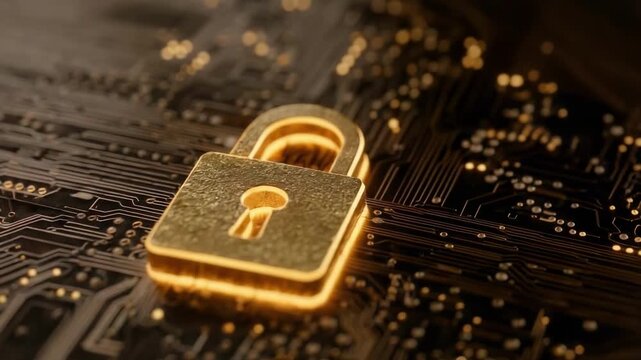 A glowing gold padlock rests on a circuit board, symbolizing digital security.