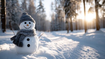 Obraz premium Snowman wearing a knitted hat and scarf, standing in a tranquil winter forest landscape, fresh snow covering the ground, bright sun creating golden light