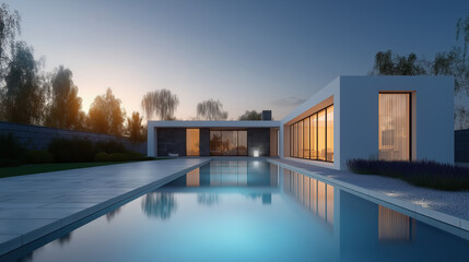 Modern architectural marvel with a tranquil infinity pool reflecting the twilight sky and surrounding minimalist landscape