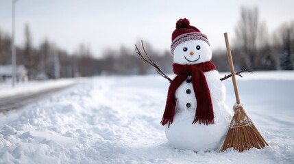 Snowman wearing a festive red bobble hat and scarf, featuring twig arms and a broom, standing happily in a pristine snow covered field under a clear winter sky