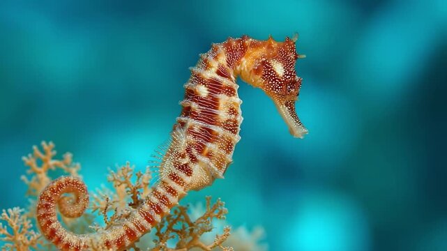 A seahorse clinging to orange coral underwater.