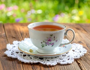 Fototapeta premium A porcelain teacup filled with amber liquid rests on a saucer, placed on a delicate lace doily atop a wooden surface. Soft green background