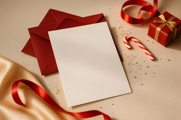 Christmas card mockup with red envelope and candy cane — joyful holiday theme