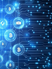 Digital exchange network with blockchain symbols, showcasing interconnected cryptocurrency icons and glowing lines, representing modern finance
