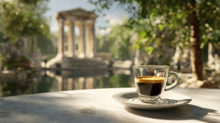 a small caf&eacute; table with a glass cup of espresso on a white saucer, the espresso has a rich golden crema. The table is placed outdoors with soft natural sunlight and delicate shadows from surround