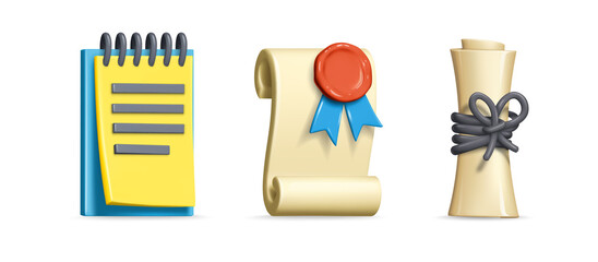 Glossy icons set of paper documents. Paper old script roll tied with rope, tablet with notes and certificate with stamp on dark. Gradient mesh used. PNG illustration.
