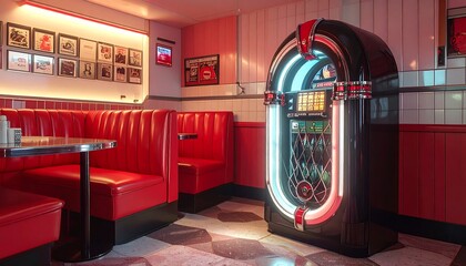 Retro American Diner with a Glowing Neon Jukebox.