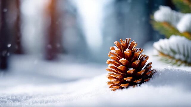 Winter's Embrace: A solitary pine cone rests gently in a blanket of pristine snow, embodying the serenity of a winter scene.