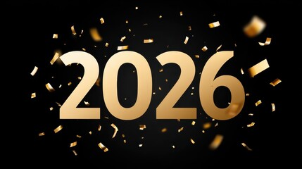 2026 new year celebration with falling golden confetti on a black background, creating festive and sparkling atmosphere for holiday greetings and events