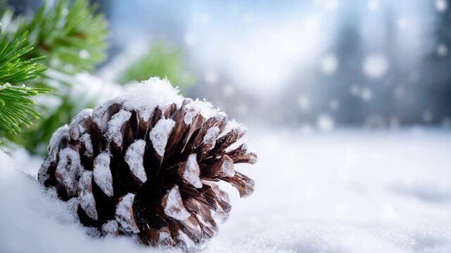 Snow-kissed Pinecone: The crisp, delicate beauty of winter unfolds as a solitary pinecone rests amidst a bed of pristine snow, adorned with gentle snowflakes. Capture the magic of the season.