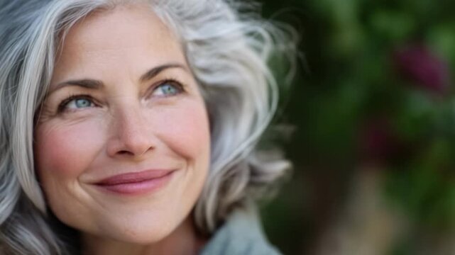 Older woman with silver hair and blue eyes smiles as she looks off to the side outdoors.