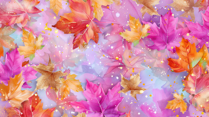 Fototapeta premium A background of fall leaves in pink, orange, and gold glitter watercolor with a soft and elegant touch.