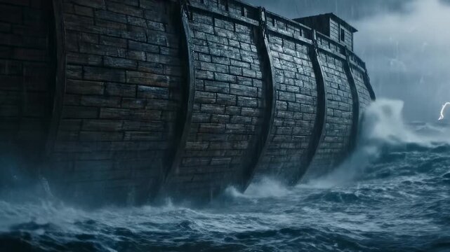 AI genereted  Great Flood or Noah's Flood  - Huge Noah's Ark ship at sea under heavy rain with storm and lightning, video footage on religious theme, biblical story