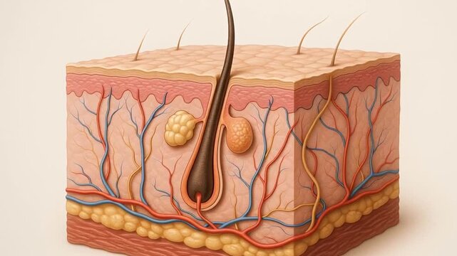 Medical skin anatomy cross section illustration showing hair follicle blood vessel tissue layers gland structures detailed for medical education research and anatomical study