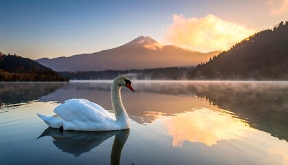 A solitary white swan floats gracefully on a still lake reflecting mountain and sunrise hues. Wisps of fog add serene atmosphere