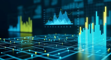 Abstract digital data visualization with glowing blue and yellow bar charts and line graphs on a dark futuristic grid background, representing financial analytics and technology