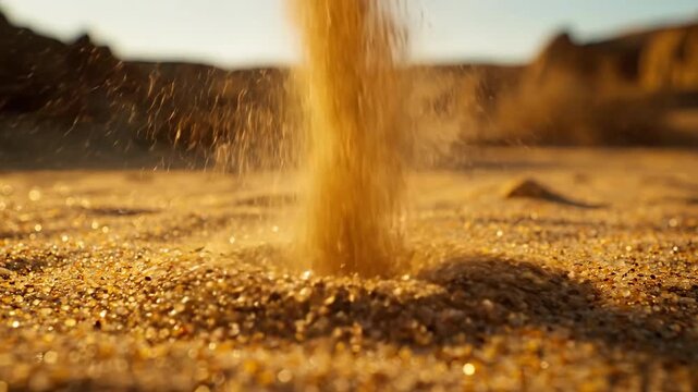 Fine golden sand grains slowly spin into a captivating miniature dust devil against a desolate, textured landscape pure, power, abstract