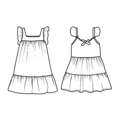 Detailed line art showcasing the front and back designs of a stylish summer dress, perfect for fashion design and illustration projects vector illustration