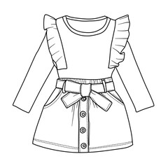 Adorable girls outfit featuring long sleeves and a stylish skirt with bow line art vector illustration