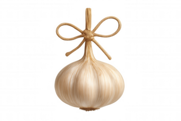 Garlic bulb tied with natural twine, presenting a fresh ingredient for cooking and healthy eating with transparent background