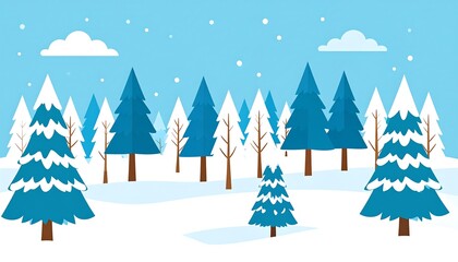 A simplistic cartoon landscape depicts a winter scene. Blue and white hues create a snowy environment with cartoon trees, a cloudy sky, and falling snowflakes