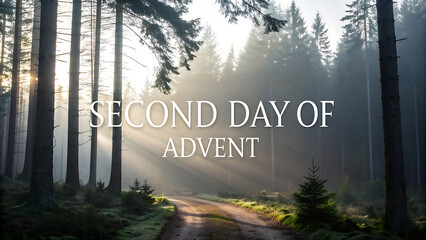 Second day of advent sunlight streams through misty forest trees illuminating a winding path