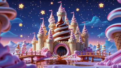 AI-generated image of a 3D Animation style of an ice cream castle in the North Pole