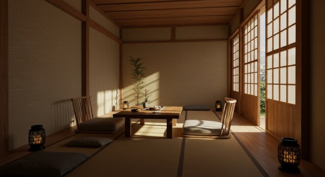 Japanese room interior design with table and lanterns