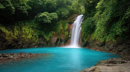 Majestic Waterfall Cascading into Turquoise Pool Surrounded by Lush Greenery in a Tranquil Tropical Jungle Setting