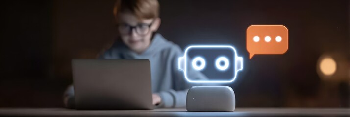ai chatbot hologram interacting with student on laptop, concept of intelligent online tutor powered by data driven learning.