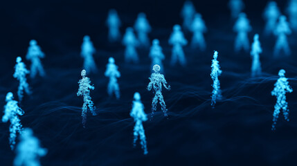 Abstract network of connected human figures, glowing blue silhouettes, digital representation, technology concept, futuristic design