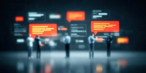 online class environment with avatars exchanging ideas in holographic chatroom, futuristic data driven education.