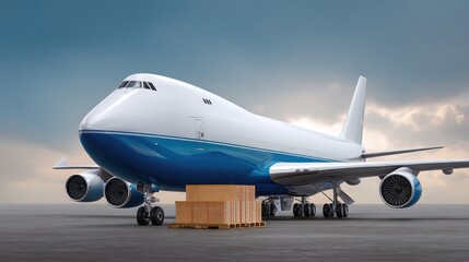 Naklejka premium A Large Cargo Airplane Positioned on a Tarmac with Wooden Pallets Stacked Nearby under a Dramatic Sky, Ready for Load and Transport Operations in Aviation Industry