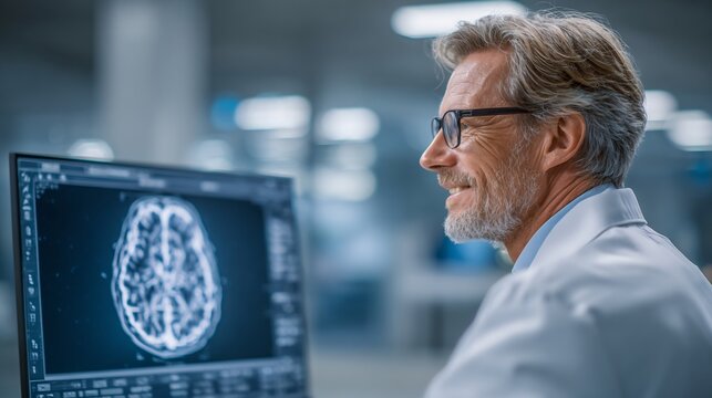 Doctor analyzing brain scan on computer screen in laboratory 1.