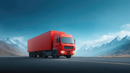 Vibrant Red Truck on Open Mountain Road Under Clear Blue Sky with Snow-Capped Peaks in Background, Perfect for Transportation and Adventure Concepts