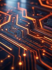 Vibrant abstract network of digital circuits with glowing orange lines and intricate patterns, showcasing technology and innovation
