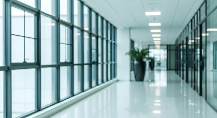 Fototapeta premium Modern office hallway with large windows and potted plants, creating a bright and professional atmosphere for business and corporate environments
