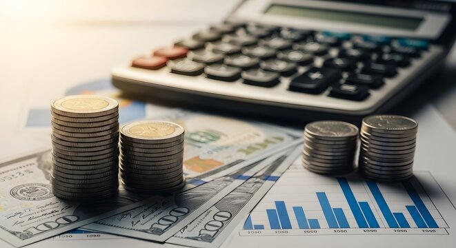 Stacks of coins and us dollar bills with a calculator and financial charts, representing financial growth and economic planning