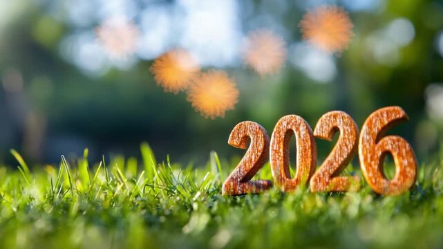 New Year's Vision 2026: Close-up view of the wooden numbers forming 2026 nestled on a bed of lush green grass, a blurred bokeh backdrop adds an optimistic ambiance.