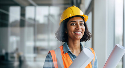 Smiling female engineer with blueprints and hard hat at construction site