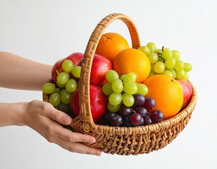 Hands Holding a Woven Basket of Fresh Fruit: Apples, Grapes, and Oranges on a White Background