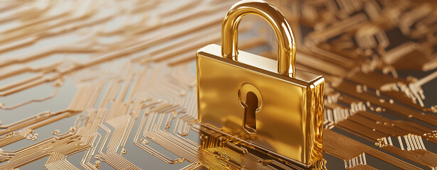 Golden padlock on circuit board background symbolizes security and protection of digital information