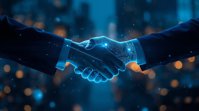 Digital handshake symbolizing collaboration innovation technology and futuristic partnership across different industries and networks