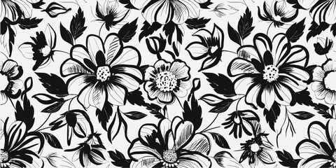 Floral Embrace: Intricate monochrome floral pattern blooming in an elegant arrangement, a classic illustration showcasing delicate details and artistic flair.