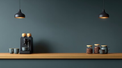 Modern Coffee Station with Espresso Machine, Elegant Jars of Coffee Beans, and Stylish Mugs Against a Minimalist Dark Green Wall Backdrop